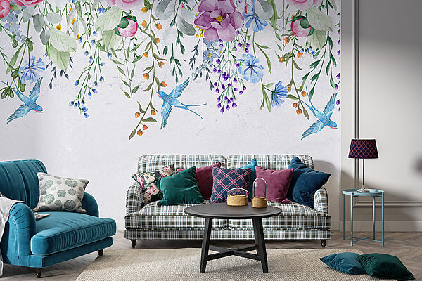 Bloemenrand met bloemen en vogels Bloemenrand met bloemen en vogels