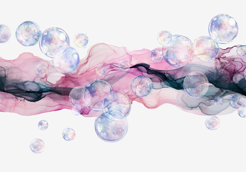 Groep bubbels in een roze en paarse vloeistof Groep bubbels in een roze en paarse vloeistof