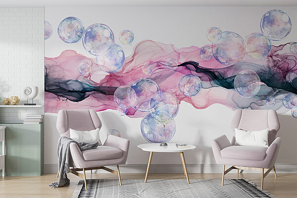 Groep bubbels in een roze en paarse vloeistof Groep bubbels in een roze en paarse vloeistof