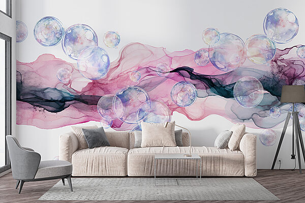 Groep bubbels in een roze en paarse vloeistof Groep bubbels in een roze en paarse vloeistof