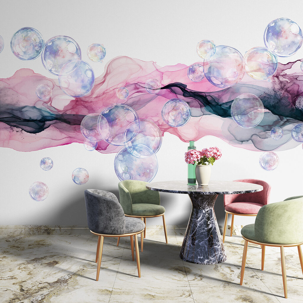 Group of bubbles in a pink and purple liquid