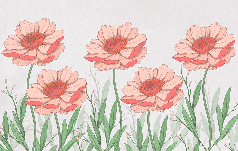Groep roze bloemen met groene bladeren