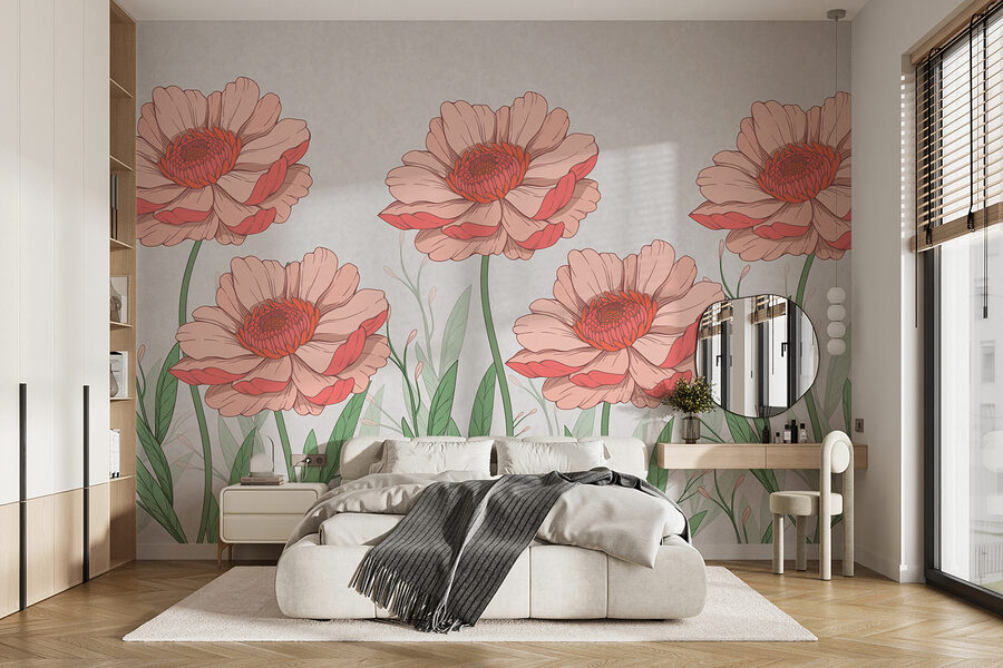 Groep roze bloemen met groene bladeren