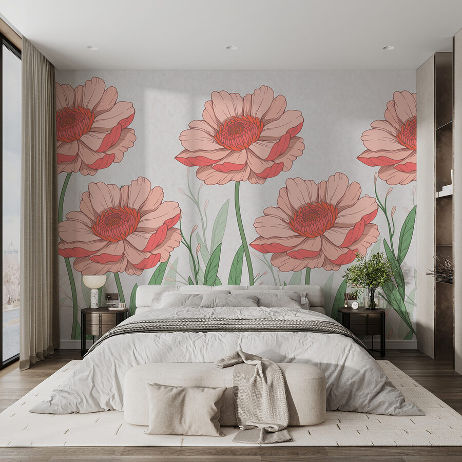 Groep roze bloemen met groene bladeren