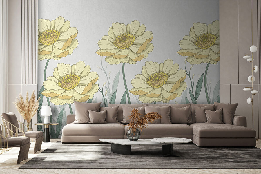Groep gele bloemen met groene bladeren