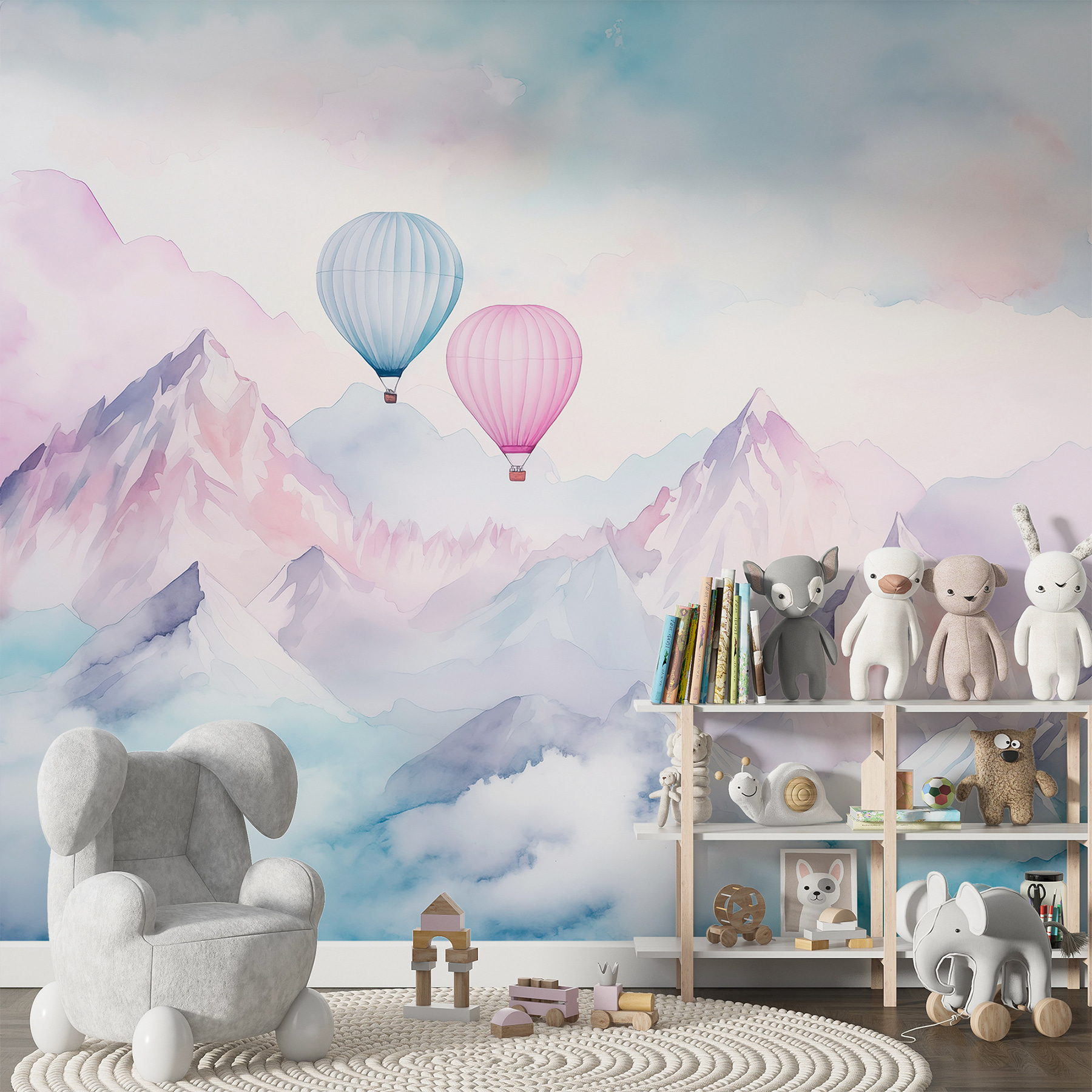 Group of hot air balloons in the sky over mountains Group of hot air balloons in the sky over mountains