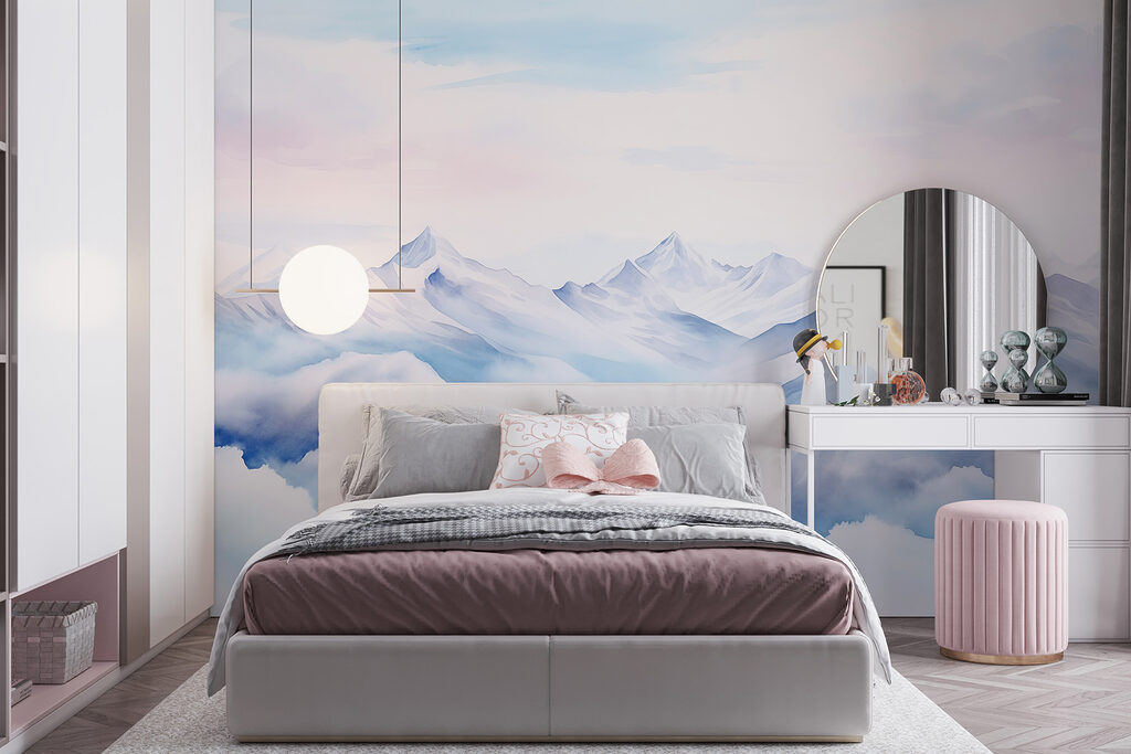 Watercolor painting of mountains and clouds