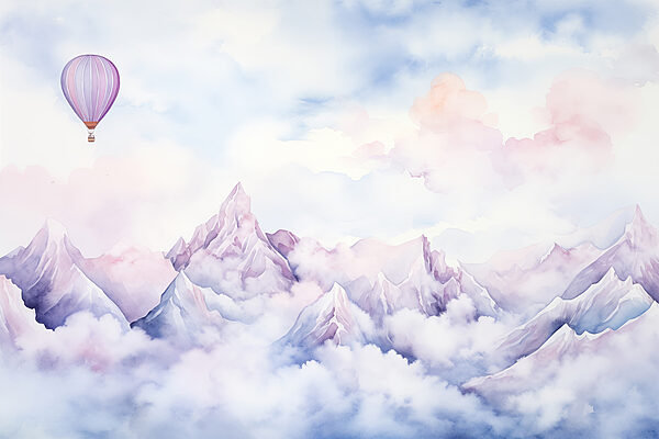 Schilderij van een bergketen met een ballon in de lucht Schilderij van een bergketen met een ballon in de lucht