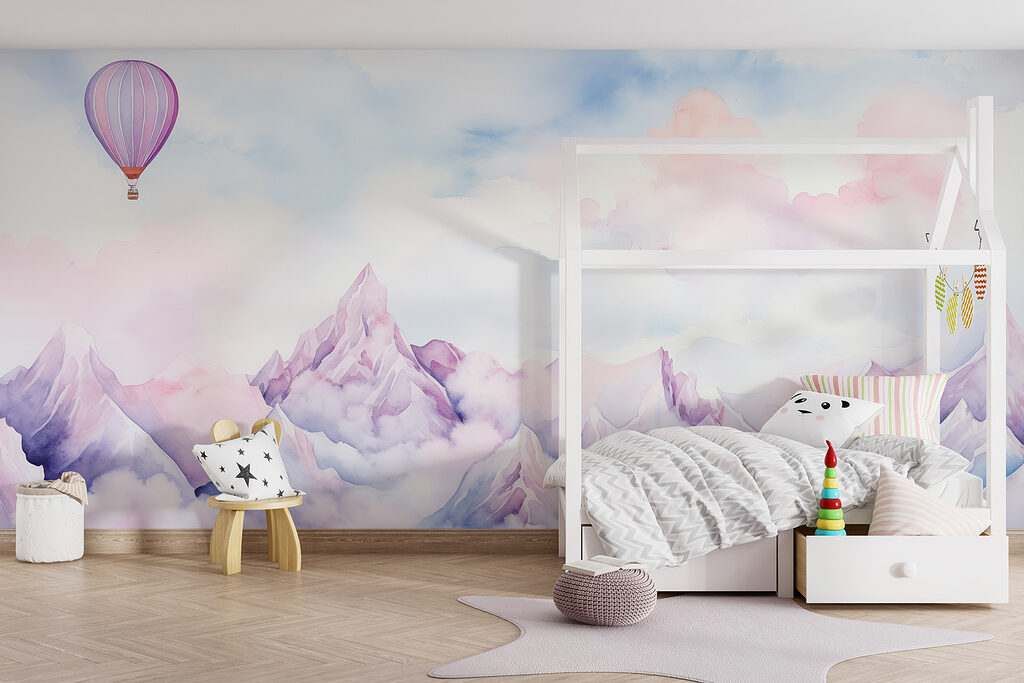 Painting of a mountain range with a balloon in the sky