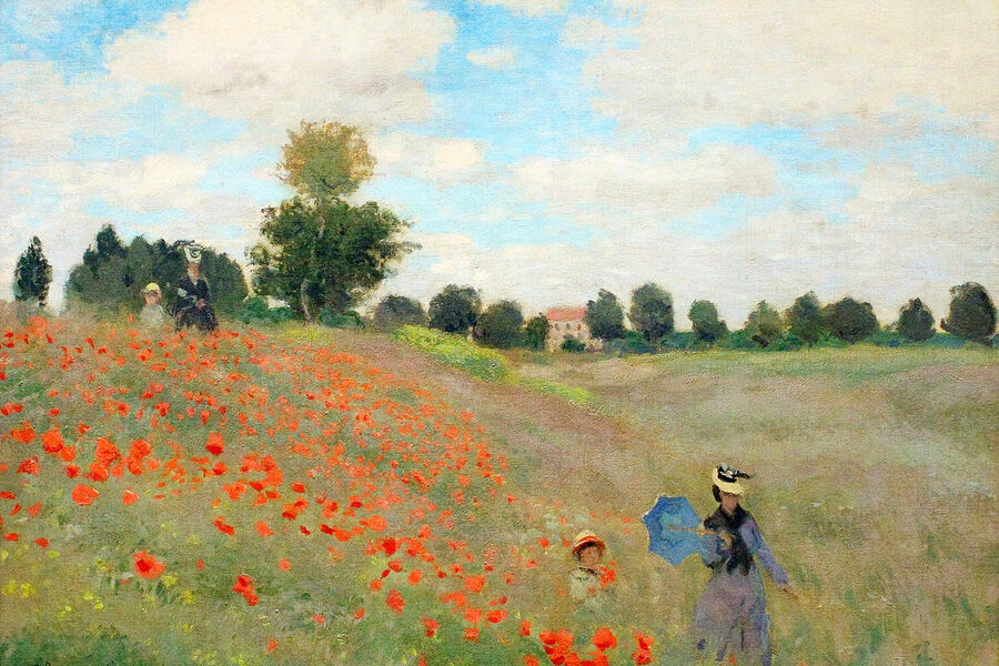Schilderij van mensen die in een bloemenveld lopen