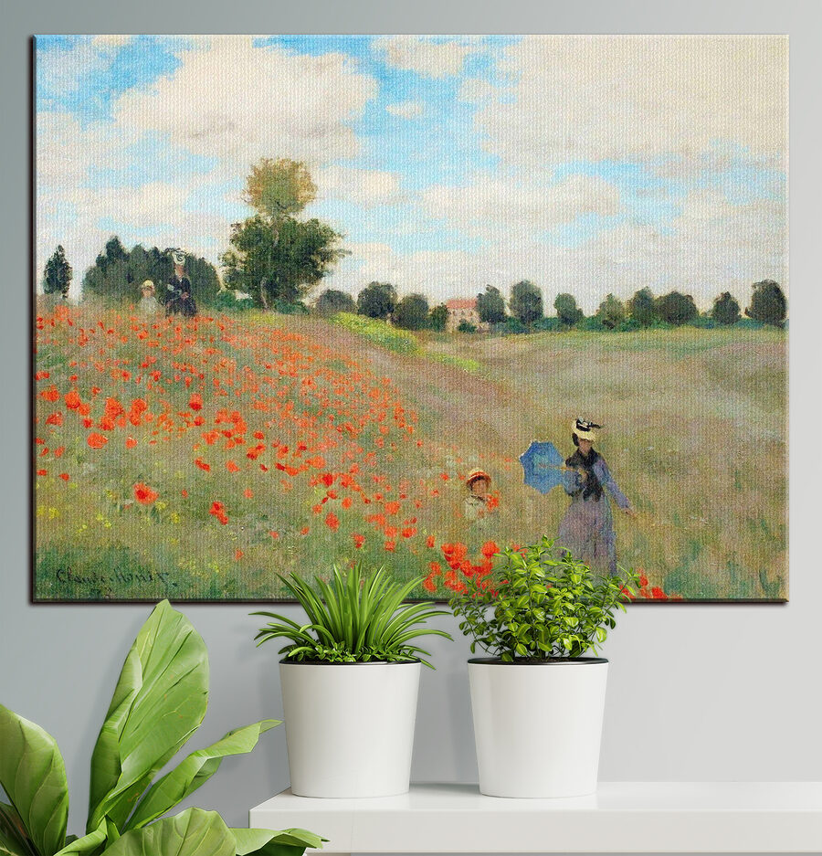 Schilderij van mensen die in een bloemenveld lopen
