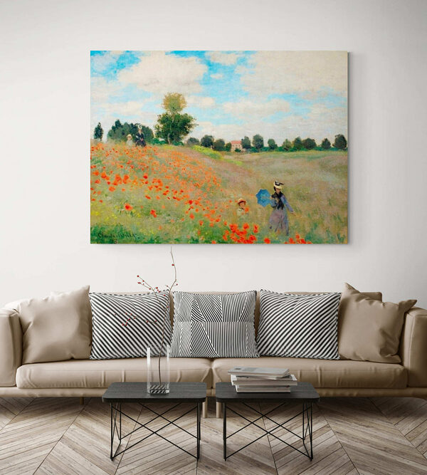 Schilderij van mensen die in een bloemenveld lopen Schilderij van mensen die in een bloemenveld lopen