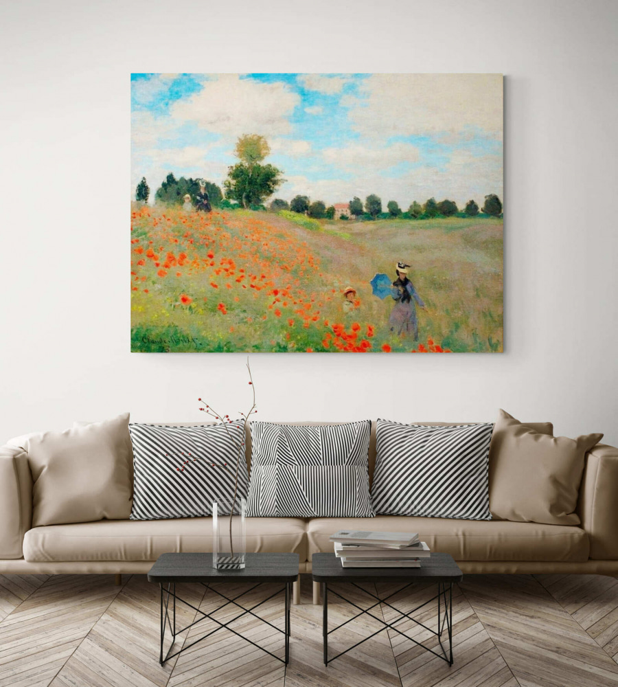 Schilderij van mensen die in een bloemenveld lopen