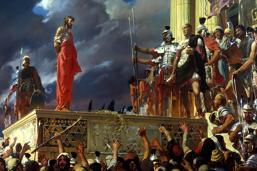 Schilderij van een man in een rood gewaad staand op een platform met een menigte mensen