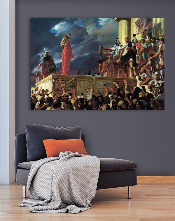 Schilderij van een man in een rood gewaad staand op een platform met een menigte mensen Schilderij van een man in een rood gewaad staand op een platform met een menigte mensen