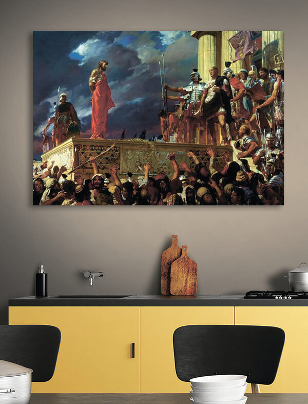 Schilderij van een man in een rood gewaad staand op een platform met een menigte mensen Schilderij van een man in een rood gewaad staand op een platform met een menigte mensen