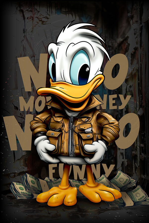 Cartoon eend met jas en geld in de hand Cartoon eend met jas en geld in de hand