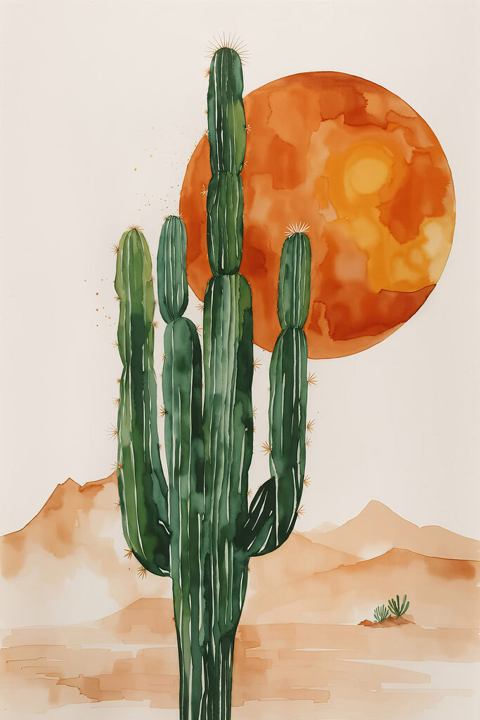Painting of a cactus and a sun