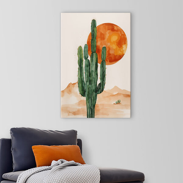 Schilderij van een cactus en een zon Schilderij van een cactus en een zon
