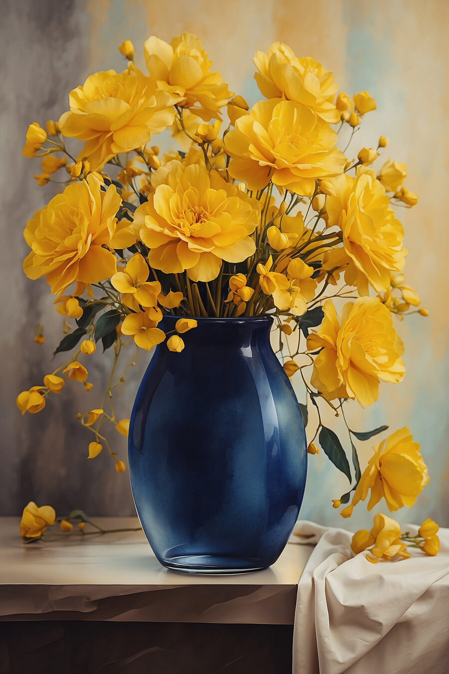 Blauwe vaas met gele bloemen Blauwe vaas met gele bloemen