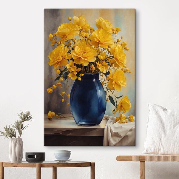 Blauwe vaas met gele bloemen Blauwe vaas met gele bloemen