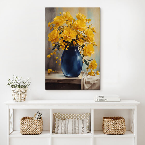 Blauwe vaas met gele bloemen Blauwe vaas met gele bloemen