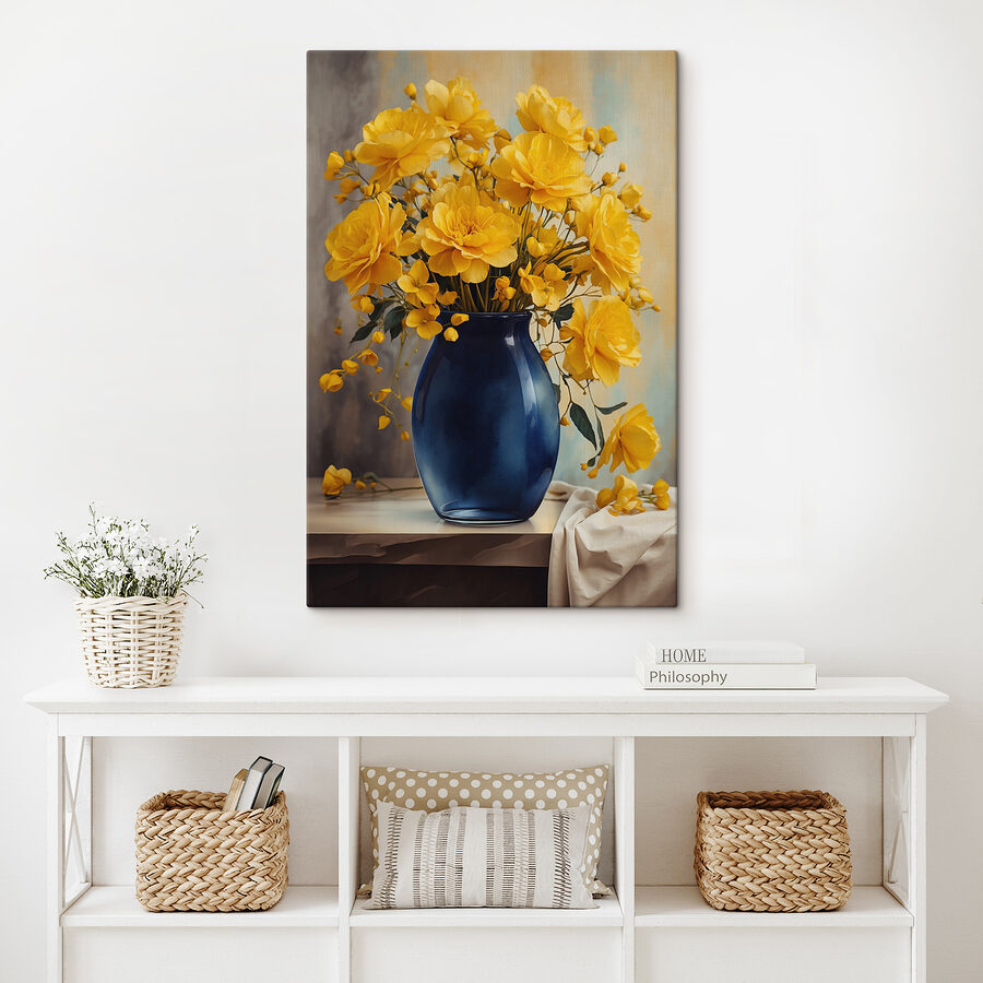 Blauwe vaas met gele bloemen Blauwe vaas met gele bloemen