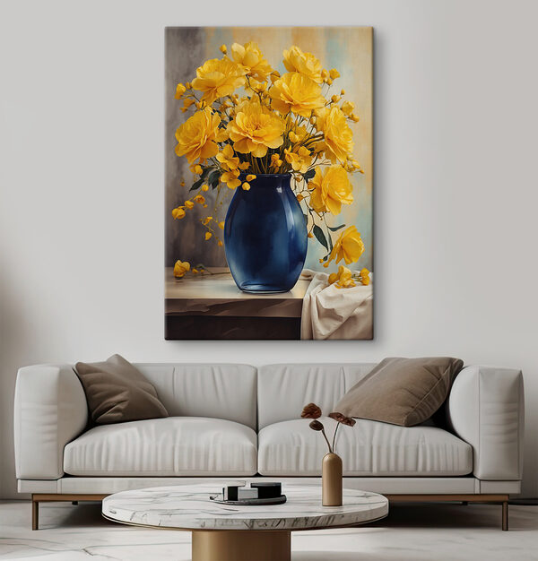 Blauwe vaas met gele bloemen Blauwe vaas met gele bloemen