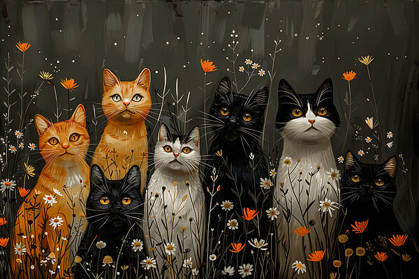 Groep katten in een bloemenveld Groep katten in een bloemenveld