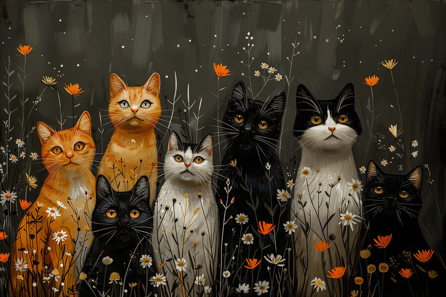 Groep katten in een bloemenveld