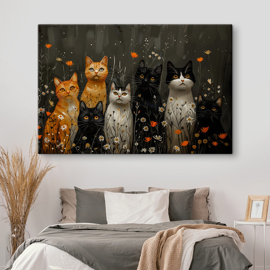 Groep katten in een bloemenveld