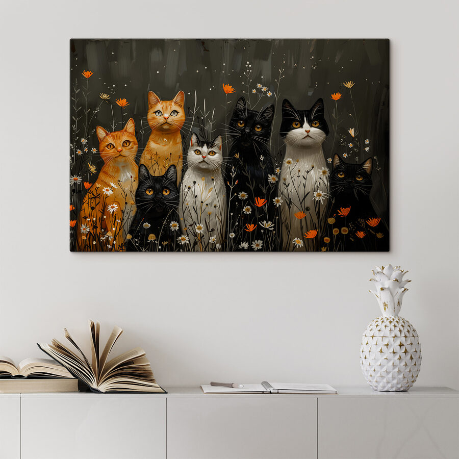 Groep katten in een bloemenveld