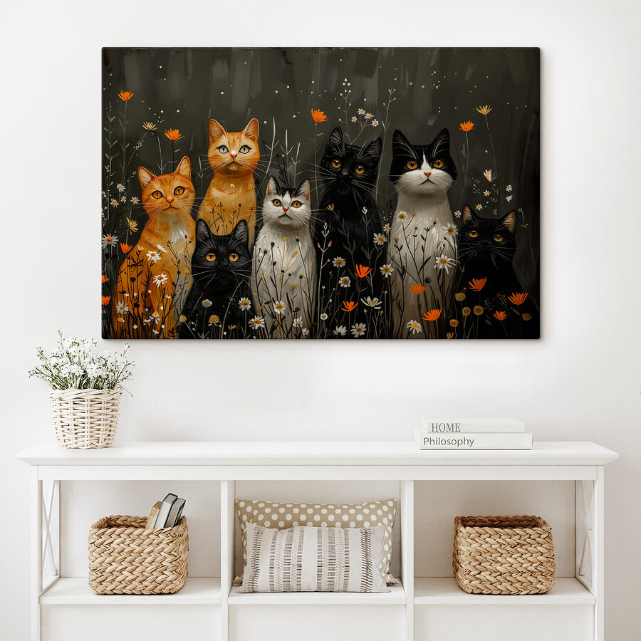 Groep katten in een bloemenveld