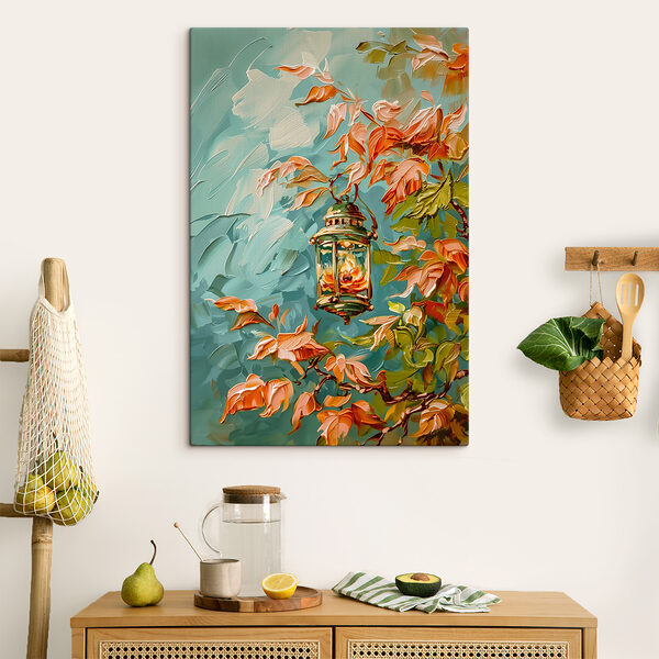 Olieverfschilderij van een lantaarn op een boom Olieverfschilderij van een lantaarn op een boom
