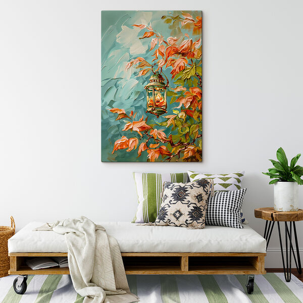 Olieverfschilderij van een lantaarn op een boom Olieverfschilderij van een lantaarn op een boom