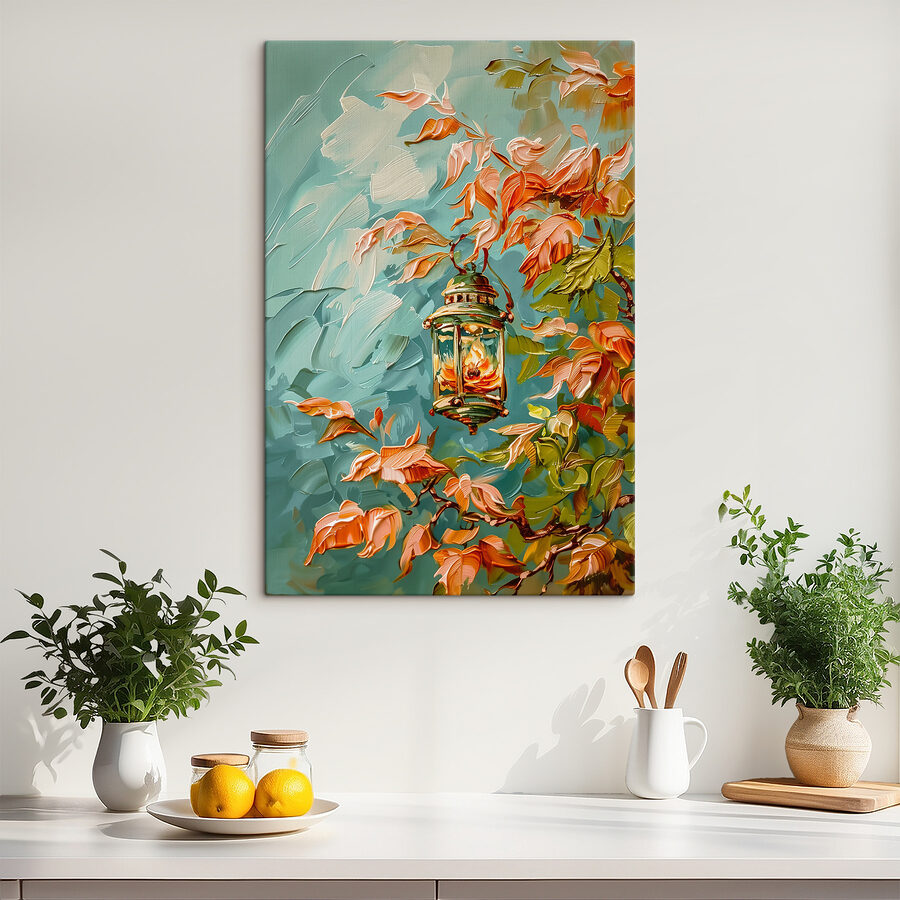 Olieverfschilderij van een lantaarn op een boom
