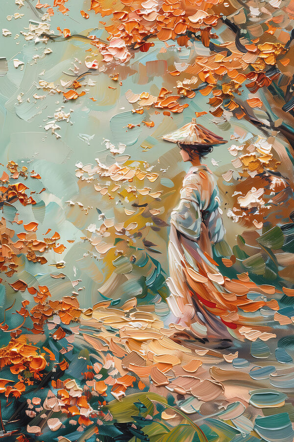Schilderij van een vrouw wandelend in een park Schilderij van een vrouw wandelend in een park