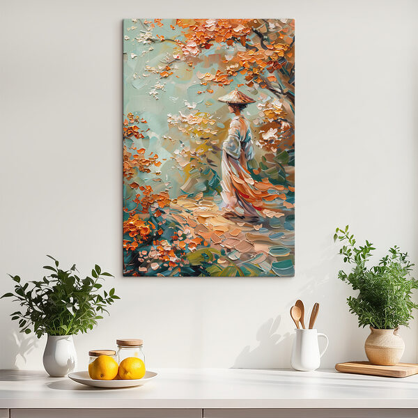 Schilderij van een vrouw wandelend in een park Schilderij van een vrouw wandelend in een park