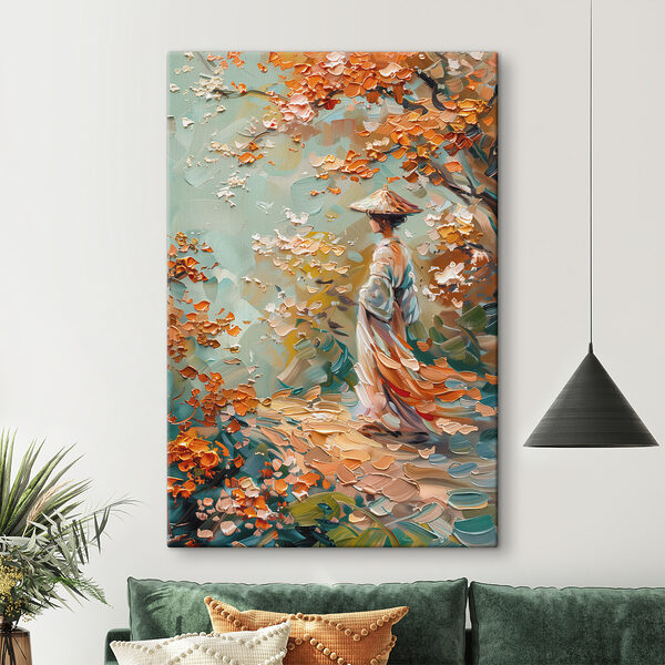 Schilderij van een vrouw wandelend in een park Schilderij van een vrouw wandelend in een park