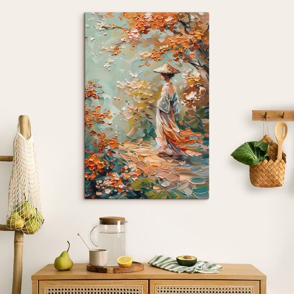 Schilderij van een vrouw wandelend in een park Schilderij van een vrouw wandelend in een park