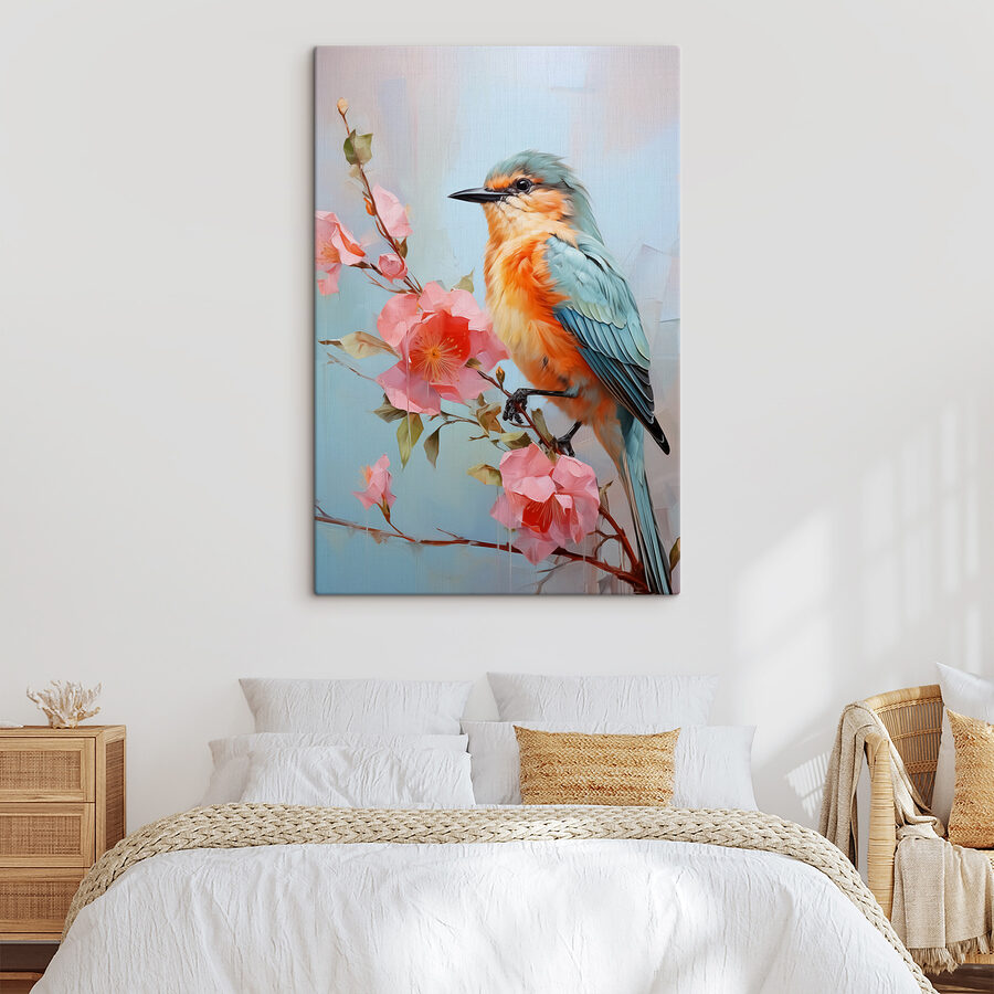 Vogel op een tak met bloemen