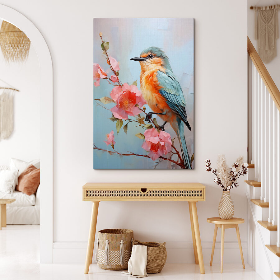 Vogel op een tak met bloemen