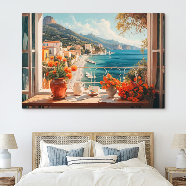 Schilderij van een strand met uitzicht op een stad en bergen Schilderij van een strand met uitzicht op een stad en bergen