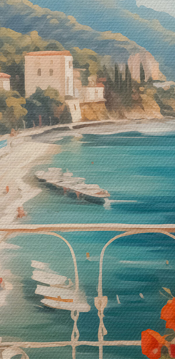 Schilderij van een strand met uitzicht op een stad en bergen Schilderij van een strand met uitzicht op een stad en bergen