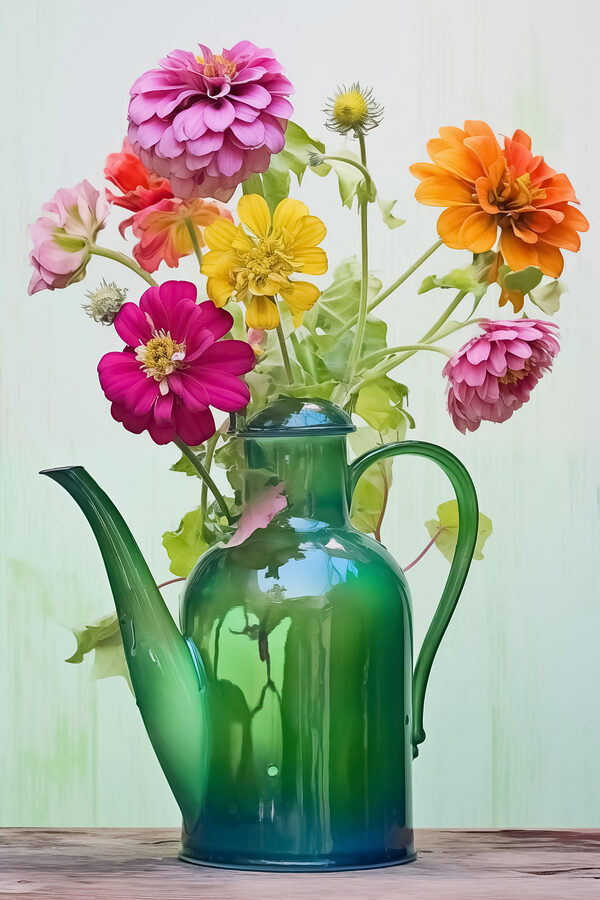 Groene theepot met kleurrijke bloemen Groene theepot met kleurrijke bloemen