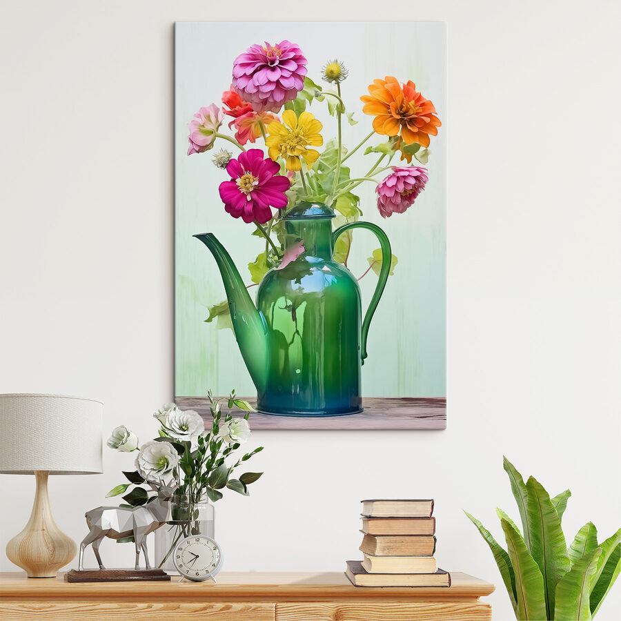 Groene theepot met kleurrijke bloemen