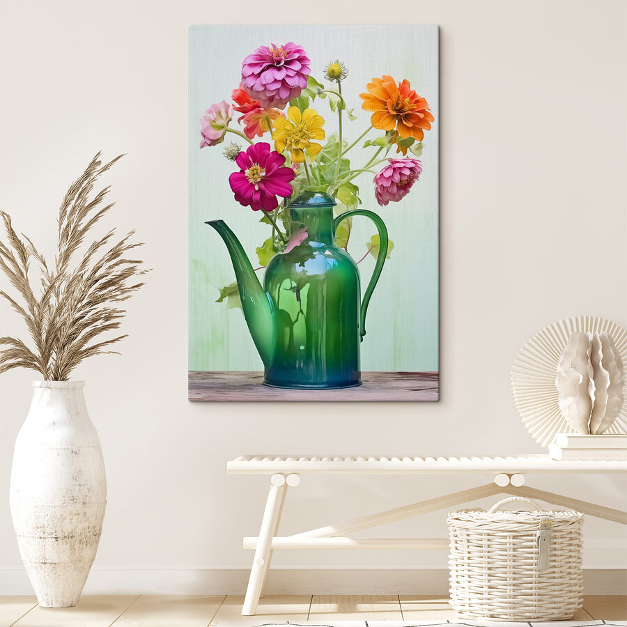 Groene theepot met kleurrijke bloemen