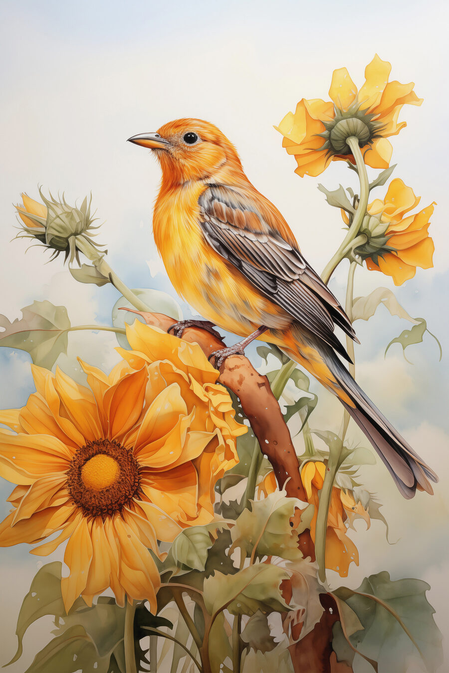 Vogel op een tak met bloemen