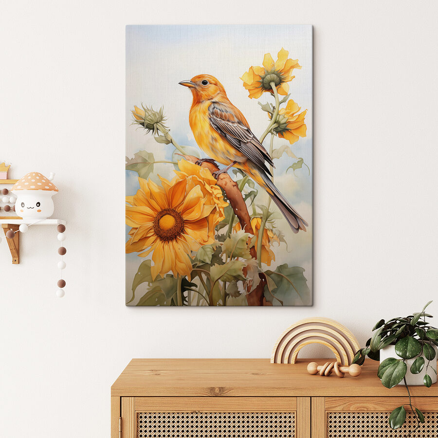Vogel op een tak met bloemen