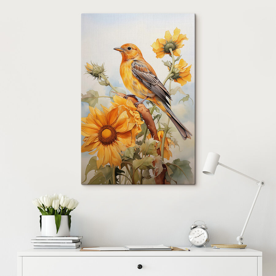 Vogel op een tak met bloemen